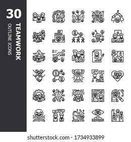 Teamwork, Partnership, Business Meeting, Collaboration, Management 30 Outline icons set. Icon design for web design, mobile application, website and graphic design. 