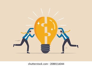 Teamwork or partnership for business success, innovation or creativity to solve problem, brainstorm or connect idea concept, businessman team members partner connect lightbulb jigsaw puzzle together.