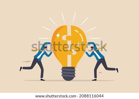 Teamwork or partnership for business success, innovation or creativity to solve problem, brainstorm or connect idea concept, businessman team members partner connect lightbulb jigsaw puzzle together.