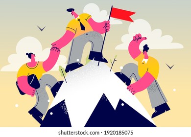 Teamwork, Partnership, business support concept. Group of business people climbing mountain with flag for peak helping each other reaching success in targets together in cooperation