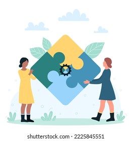 Teamwork, partnership, collaboration and business challenge vector illustration. Cartoon tiny people link pieces of puzzle jigsaw together, effective corporate strategy to solve work problems