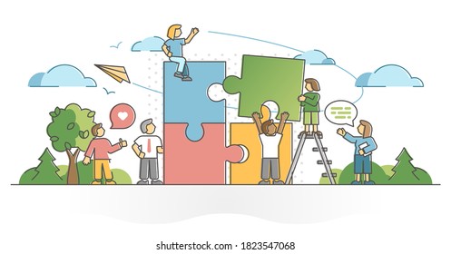 Teamwork partnership collaboration help and assistance outline concept. Effective company business coworking and shared responsibility for effective and successful goal reaching in professional work