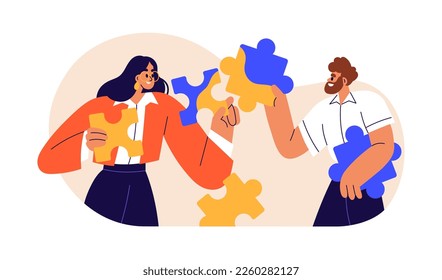 Teamwork, partnership concept. Business team, partners connecting puzzle, matching jigsaw pieces together. Synergy, union, success in cooperation. Flat vector illustration isolated on white background