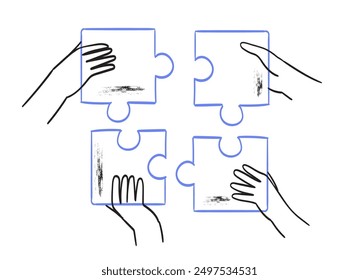 Teamwork, partnership concept. Business team hands, partners arm connect puzzle, match jigsaw pieces together. Synergy, unity, successful cooperation. Line vector illustration isolated on white.