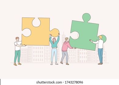 Teamwork, partnership, cooperation, business concept. Working enterprise collaboration mutual assistance. Team of businessmen woman partners coworkers collect jigsaw puzzles finding solution together.