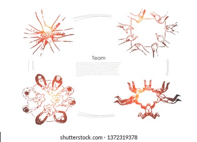 Teamwork, partnership, coworkers brainstorming team, idea generation, colleagues working together, friends communication banner. Team building exercise concept sketch. Hand drawn vector illustration