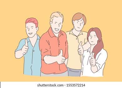 Teamwork, partnership, coworking concept. Smiling business people or happy team together look at the camera. Young businessmen and business woman show Like sign in office. Simple flat vector