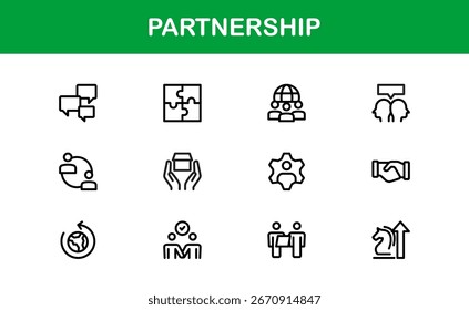 Teamwork and Partnership Icons – Flat Linear Outline Vector Pack Including Handshake, Agreement, Collaboration, Business Alliance, Contract, Minimal Pack for Web and Apps