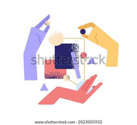 Teamwork, partnership and interaction concept. Hands interacting and building business system. Team creating smth. from abstract shapes together. Flat vector illustration isolated on white background