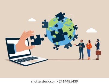 Teamwork and partnership on world map across globe. Charity, volunteer. Unity, team business. Flat vector illustration