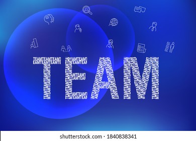 Patrón de trabajo en equipo de letras con iconos en un fondo degradado con iluminación cálida. EQUIPO de fondo azul, trabajo armonioso.