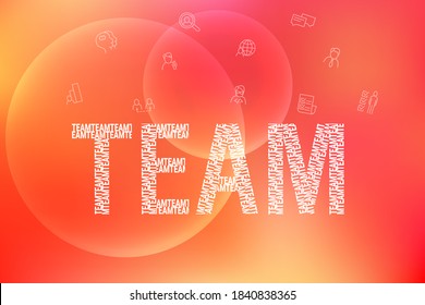 Teamwork pattern of letters with modern icons on a gradient background with warm lighting. TEAM on a fresh background, Harmonious work.