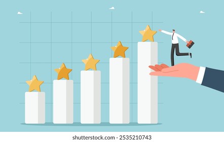 Teamwork in paving way to achieve goal or high results, partnership and communication to overcome obstacles or receive rewards, brainstorm for new opportunities, hand lifts man to star at top of chart