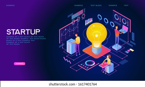 Teamwork of people to achieve the goal. Launch concept. New product on the market. Isometric vector illustration. 3D vector isometric illustration.