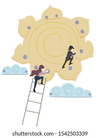 Teamwork. People adjust the wooden sun in the sky. Idea of ​​project activities. EPS10 vector illustration.