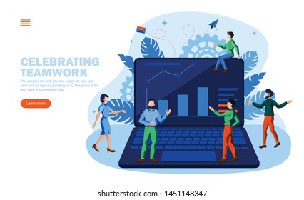 teamwork of people around computer with graphs, work environment concept vector illustration