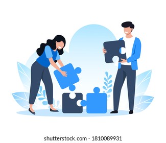 Teamwork, People Brings Together Pieces Of The Puzzle, Solutions And Problem Solving. Vector Flat Illustration.