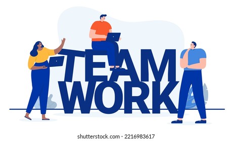 Teamwork people - Cartoon vector illustration of three diverse businesspeople with computers working as a team in office in casual clothes. Flat design vector illustration with white background