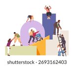 Teamwork people climbing to top showing support cartoon scene with features geometric shapes representing challenges. Corporate training, goal setting and leadership presentations vector illustration