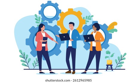 Teamwork people and collaboration concept - Group of three businesspeople with laptop computers working on project together with cogwheels in background. keep the wheels turning concept in flat design