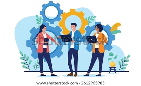 Teamwork people and collaboration concept - Group of three businesspeople with laptop computers working on project together with cogwheels in background. keep the wheels turning concept in flat design
