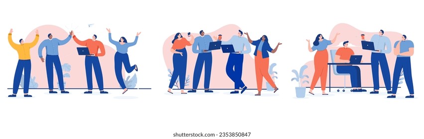 Teamwork people collection - Set of illustrations with happy office businesspeople cheering and working together in teams. Flat design with white background