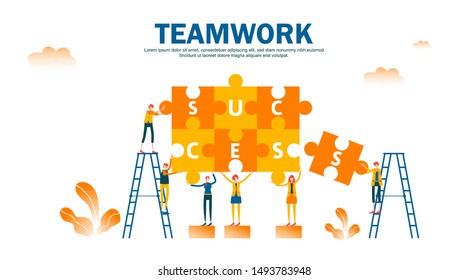 Teamwork of people connecting puzzle elements with climbing stair to arrange success text . Business concept flat illustration can use for web,banner, info graphics. Composing jigsaw together- Vector