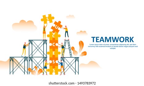 teamwork of people connecting puzzle elements with climbing stair and scaffolding to draw up success text . Business concept flat illustration can use for web banner, info graphics. - Vector