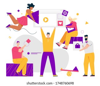 Teamwork people connecting website elements. Employees men and women working on project together. Vector character illustration of partnership communication, coworkers cooperation, team building