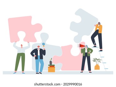 Teamwork of people. Flat vector illustration of people with puzzle pieces. Human characters on white background.