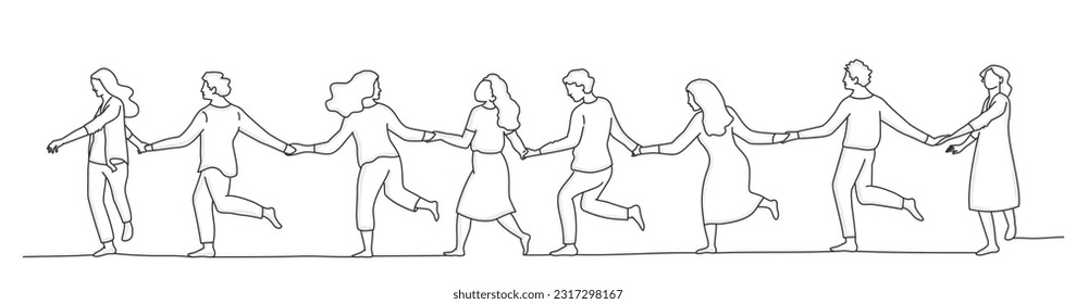 Teamwork. People, friends holding hands together. Hand drawn vector illustration.