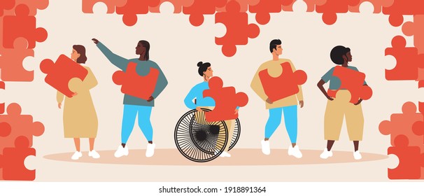 Teamwork people, the group is putting together a puzzle. Flat vector stock illustration. Teamwork people brainstorming. Multicultural, inclusive group. Puzzle illustration