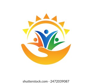 Vector de manos y logotipo de sol de personas de trabajo en equipo	
