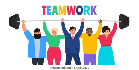 teamwork people lifting barbell together vector illustration