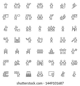 Teamwork people line icons set. linear style symbols collection, outline signs pack. vector graphics. Set includes icons as Business agreement handshake, Achievement, Man presentation board, Training