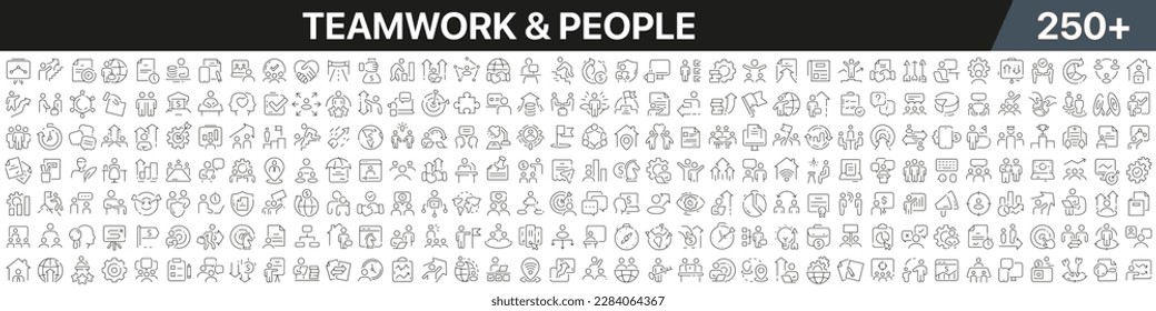 Teamwork and people linear icons collection. Big set of more 250 thin line icons in black. Teamwork and people black icons. Vector illustration