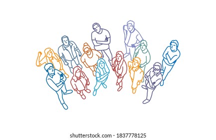 Teamwork. People looking up. View from above. Color line. Vector illustration.