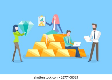 Teamwork of people with money vector, gemstone diamond, man with laptop programing and coding, Precious assets and materials, female and male working