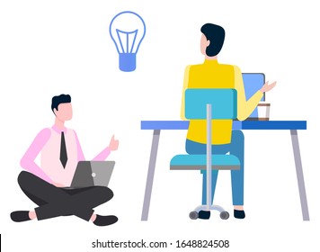 Teamwork of people in office vector, isolated man with laptop and idea lightbulb. Programming male wearing formal wear. Table with computer staff