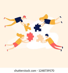 Teamwork, people put together puzzles. Flat style vector illustration.