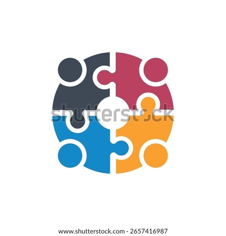 Teamwork and People Puzzle Logo - Four Connected Pieces Vector Illustration