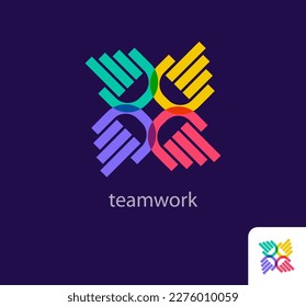 Teamwork and people raising hands, idea of ​​solidarity, modern logo. Unique color transitions. Company logo template. vector