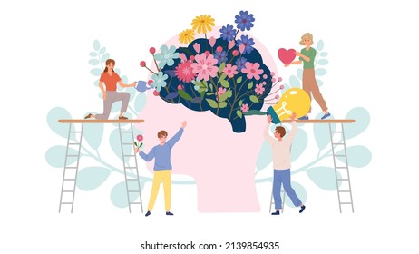 Teamwork of people recovery a brain with beautiful flowers and good heart and positive thinking. Concept for wellness of mental health and mindfulness in depression and mental illness.