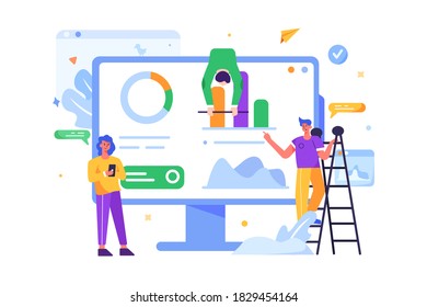 Teamwork of people with schedules and tasks on the monitor display