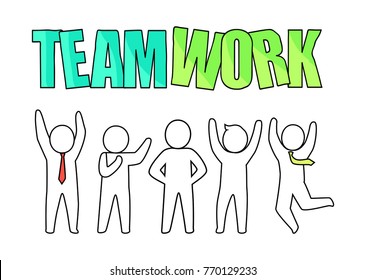 Teamwork and people silhouette icons, happy male wearing ties, standing in different poses, below the headline vector illustration