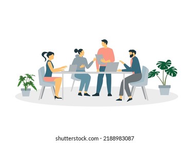 Teamwork of people sitting at the desks with laptops, working together, discussing start-up. Meeting of colleagues.Teamwork concept. Colored flat vector illustration isolated on white background.