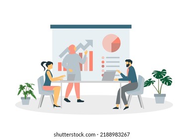Teamwork of people sitting at the desks with laptops, working together, discussing start-up. Meeting of colleagues.Teamwork concept. Colored flat vector illustration isolated on white background.