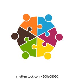Teamwork People in Six Puzzle Pieces. Vector Graphic design illustration