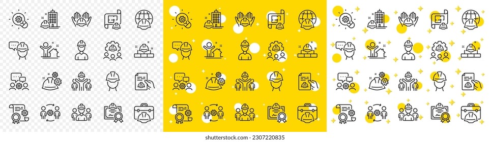 Teamwork, People and Technical documentation. Engineering line icons. Blueprint with gear, engineer and construction helmet set icons. Technician, industrial people, engineering process. Vector