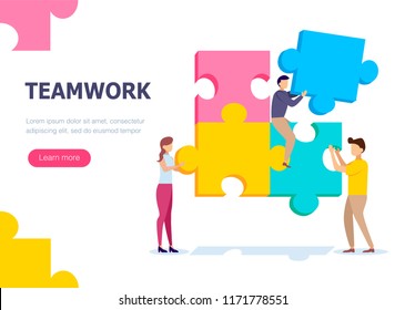 Teamwork of people that collect a puzzle. Concept for infographics, web banner. Flat isometric vector illustration.
